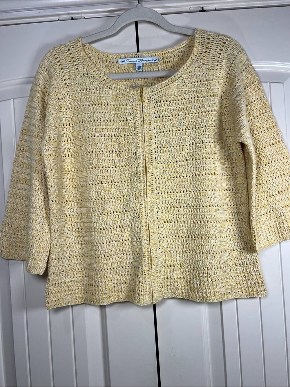 NWT David Brooks Yellow Open Crochet Knit Full Zip Cardigan Sweater Large